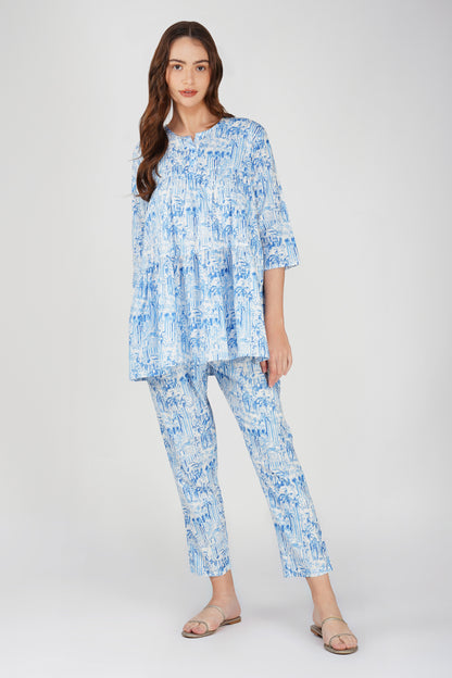 Indigo Tiered Peplum Co-ord Set – Cotton Tunic with Printed Pants