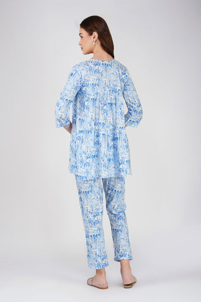 Indigo Tiered Peplum Co-ord Set – Cotton Tunic with Printed Pants