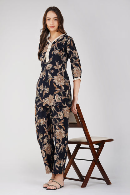Black Foliage Co-ord Set – Leaf Print Tunic with Matching Palazzos