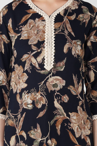 Black Foliage Co-ord Set – Leaf Print Tunic with Matching Palazzos