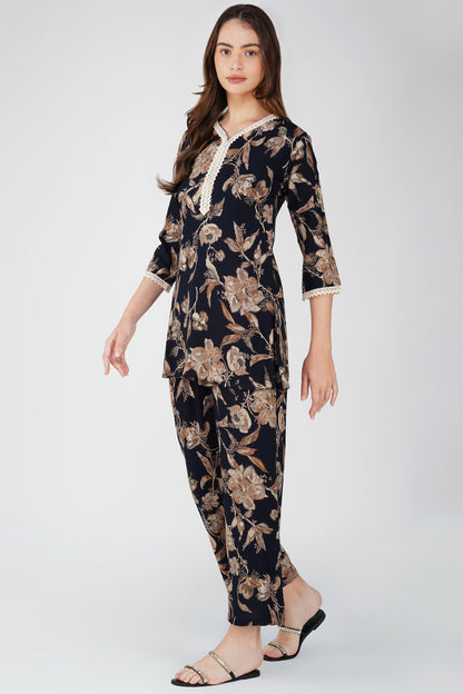 Black Foliage Co-ord Set – Leaf Print Tunic with Matching Palazzos