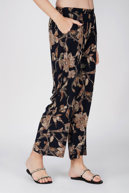Black Foliage Co-ord Set – Leaf Print Tunic with Matching Palazzos