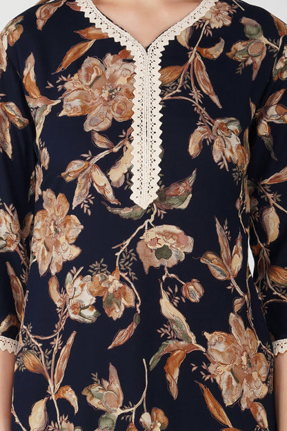 Navy Foliage Co-ord Set – Leaf Print Tunic with Matching Palazzos