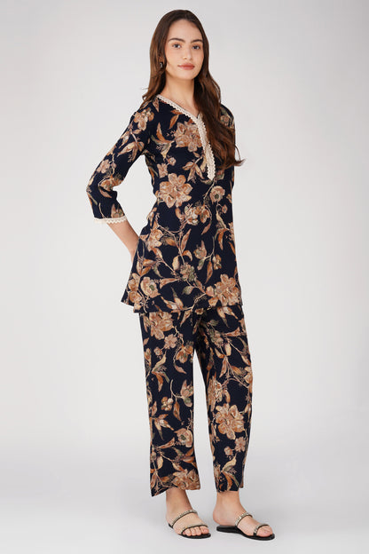 Navy Foliage Co-ord Set – Leaf Print Tunic with Matching Palazzos