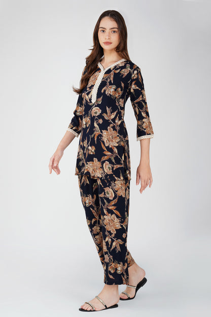 Navy Foliage Co-ord Set – Leaf Print Tunic with Matching Palazzos