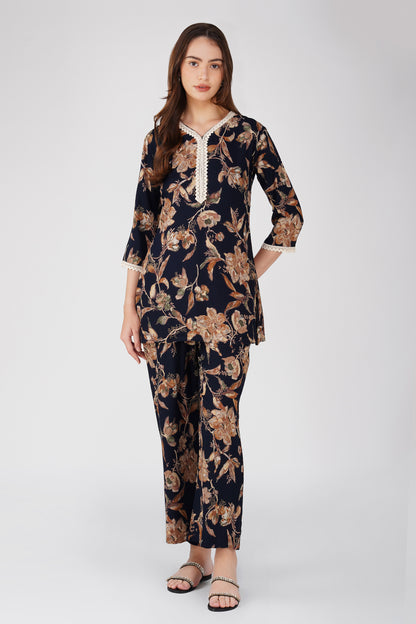 Navy Foliage Co-ord Set – Leaf Print Tunic with Matching Palazzos