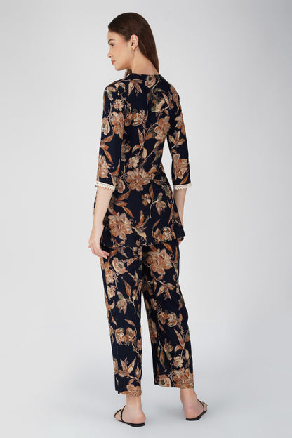 Navy Foliage Co-ord Set – Leaf Print Tunic with Matching Palazzos