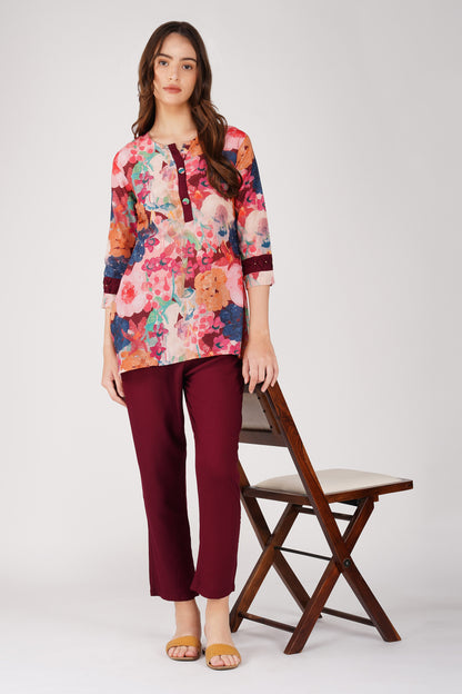Maroon Abstract Tunic Co-ord Set – Pleated Sleeve Top with Solid Pants
