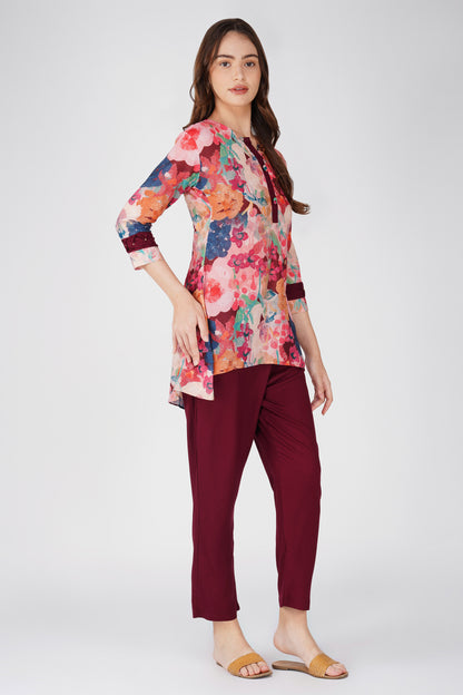 Maroon Abstract Tunic Co-ord Set – Pleated Sleeve Top with Solid Pants