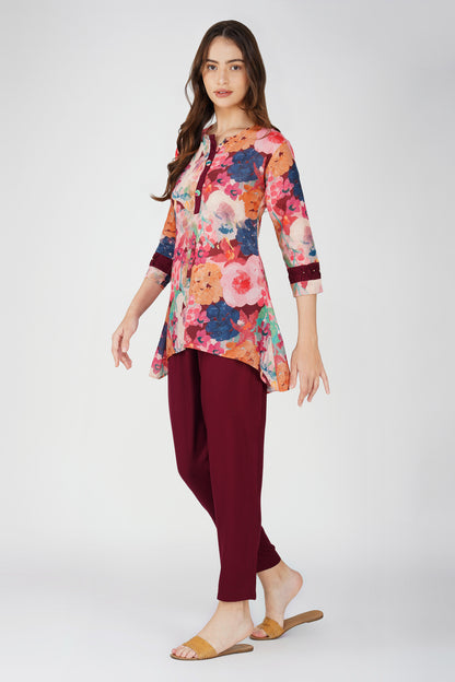 Maroon Abstract Tunic Co-ord Set – Pleated Sleeve Top with Solid Pants