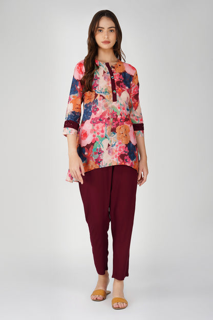 Maroon Abstract Tunic Co-ord Set – Pleated Sleeve Top with Solid Pants