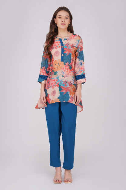 Peacock Abstract Tunic Co-ord Set – Pleated Sleeve Top with Solid Pants