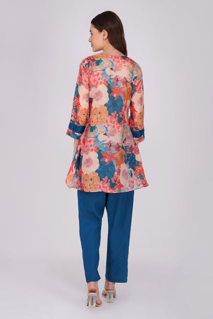 Peacock Abstract Tunic Co-ord Set – Pleated Sleeve Top with Solid Pants