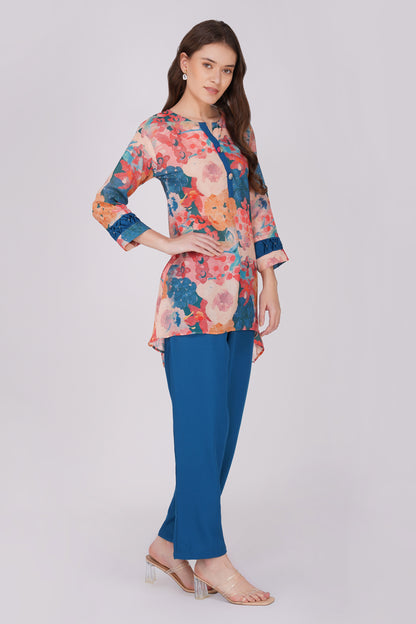 Peacock Abstract Tunic Co-ord Set – Pleated Sleeve Top with Solid Pants