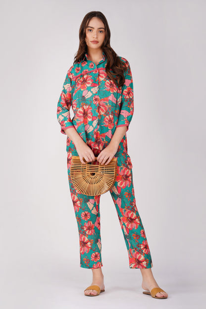 Green Floral Shirt Co-ord Set – Bold Print Top & Relaxed Pants