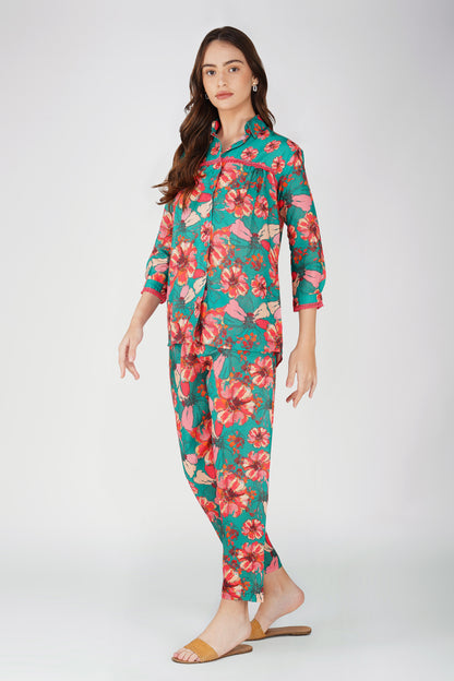 Green Floral Shirt Co-ord Set – Bold Print Top & Relaxed Pants