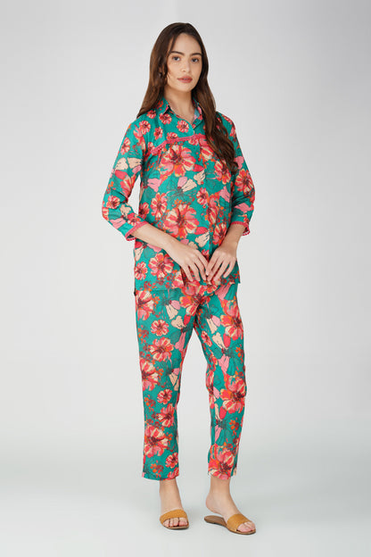 Green Floral Shirt Co-ord Set – Bold Print Top & Relaxed Pants