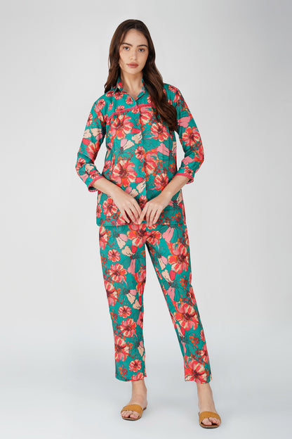 Green Floral Shirt Co-ord Set – Bold Print Top & Relaxed Pants