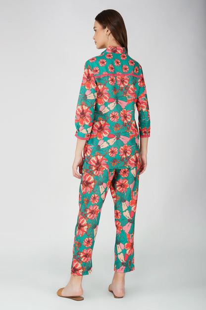 Green Floral Shirt Co-ord Set – Bold Print Top & Relaxed Pants