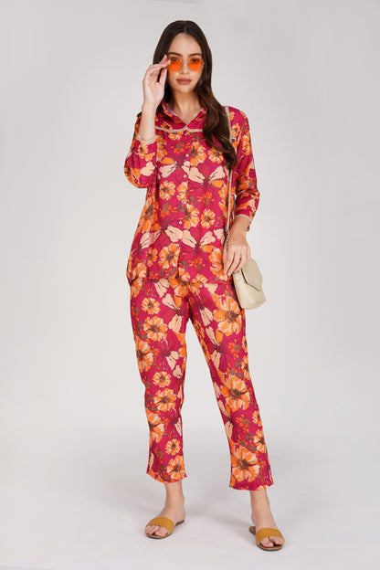 Wine Floral Shirt Co-ord Set – Bold Print Top & Relaxed Pants