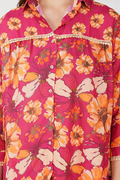 Wine Floral Shirt Co-ord Set – Bold Print Top & Relaxed Pants