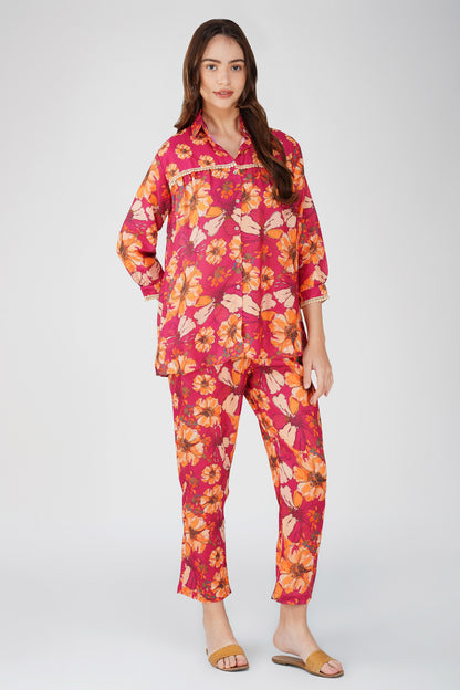 Wine Floral Shirt Co-ord Set – Bold Print Top & Relaxed Pants