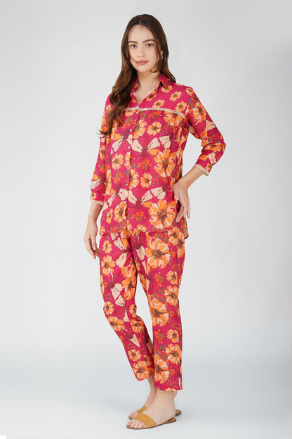 Wine Floral Shirt Co-ord Set – Bold Print Top & Relaxed Pants