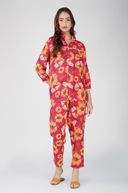 Wine Floral Shirt Co-ord Set – Bold Print Top & Relaxed Pants