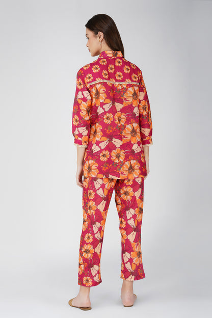 Wine Floral Shirt Co-ord Set – Bold Print Top & Relaxed Pants