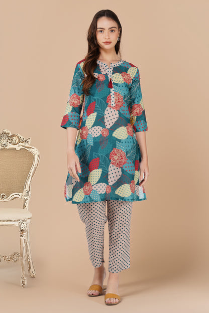 Green Illustration Kurta Co-ord Set – Tassel Kurta with Polka Dot Pants