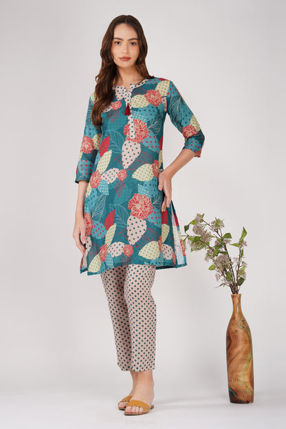 Green Illustration Kurta Co-ord Set – Tassel Kurta with Polka Dot Pants