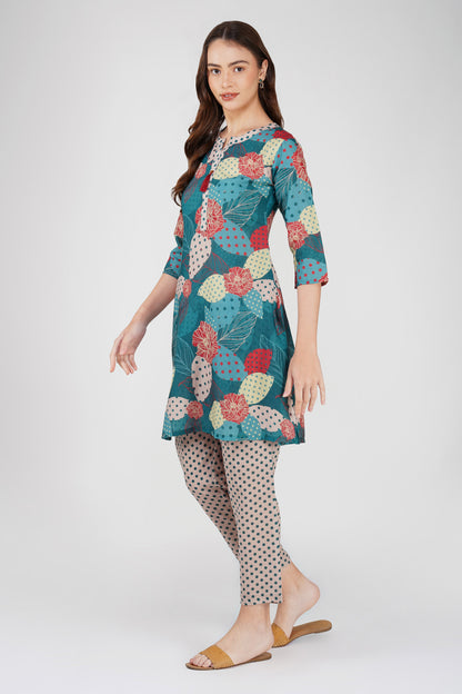 Green Illustration Kurta Co-ord Set – Tassel Kurta with Polka Dot Pants