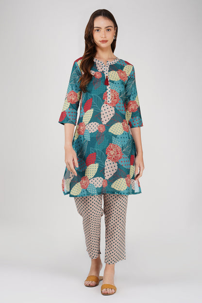 Green Illustration Kurta Co-ord Set – Tassel Kurta with Polka Dot Pants