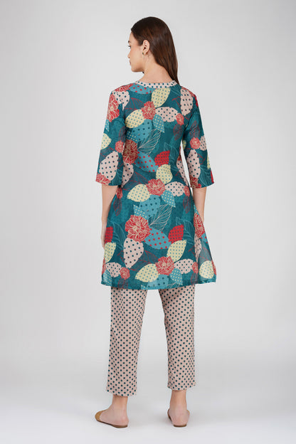 Green Illustration Kurta Co-ord Set – Tassel Kurta with Polka Dot Pants