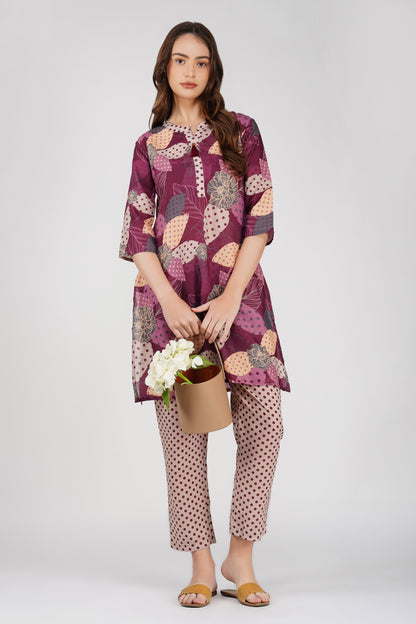 Wine Illustration Kurta Co-ord Set – Tassel Kurta with Polka Dot Pants