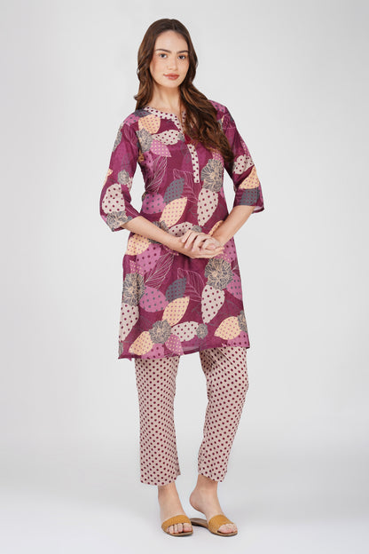 Wine Illustration Kurta Co-ord Set – Tassel Kurta with Polka Dot Pants