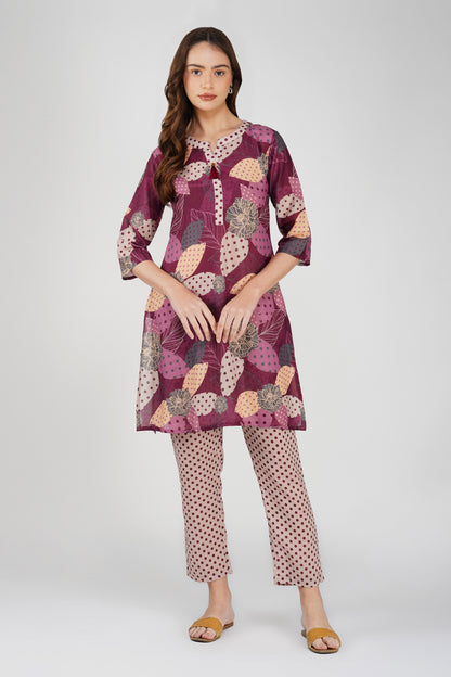 Wine Illustration Kurta Co-ord Set – Tassel Kurta with Polka Dot Pants