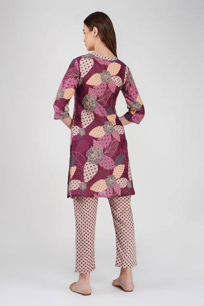 Wine Illustration Kurta Co-ord Set – Tassel Kurta with Polka Dot Pants