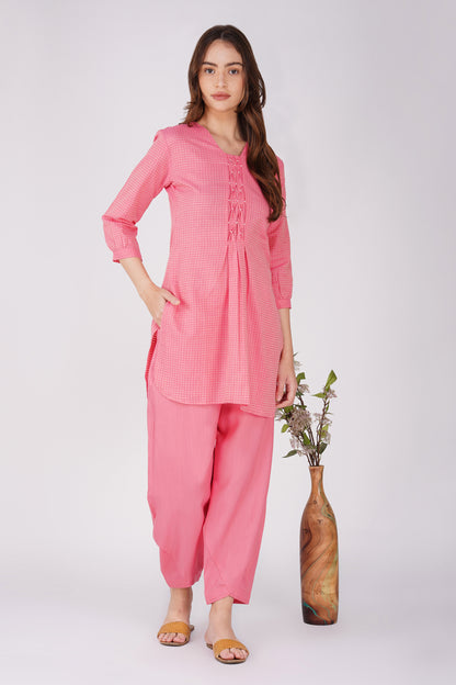 Pink Handloom Kurta Set – Beaded Neckline with Afghani Pants
