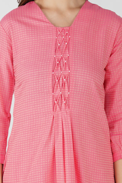 Pink Handloom Kurta Set – Beaded Neckline with Afghani Pants