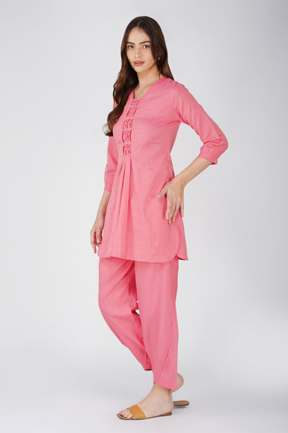 Pink Handloom Kurta Set – Beaded Neckline with Afghani Pants
