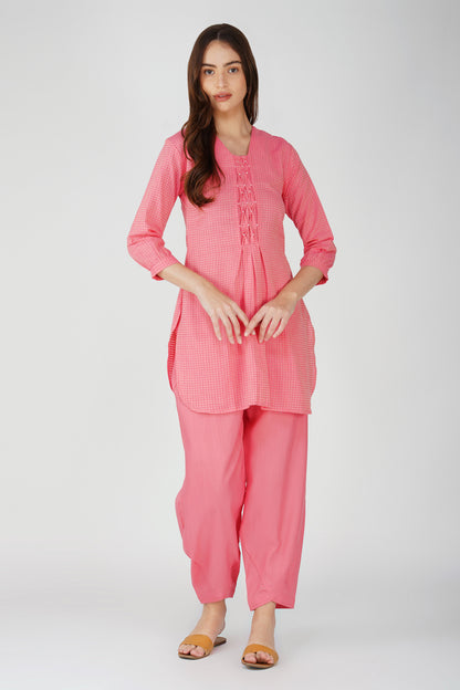 Pink Handloom Kurta Set – Beaded Neckline with Afghani Pants