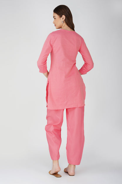 Pink Handloom Kurta Set – Beaded Neckline with Afghani Pants