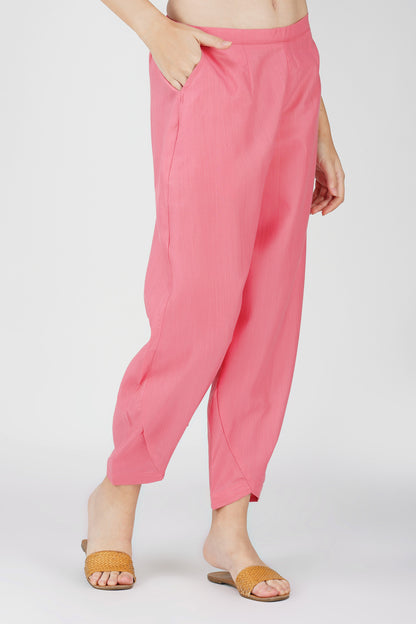 Pink Handloom Kurta Set – Beaded Neckline with Afghani Pants