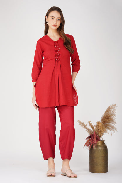 Maroon Handloom Kurta Set – Beaded Neckline with Afghani Pants