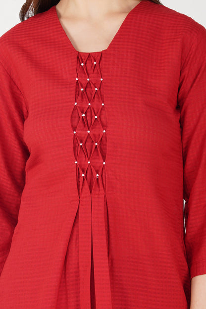 Maroon Handloom Kurta Set – Beaded Neckline with Afghani Pants