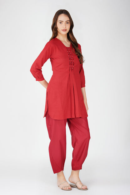 Maroon Handloom Kurta Set – Beaded Neckline with Afghani Pants