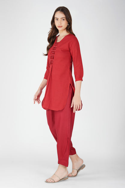 Maroon Handloom Kurta Set – Beaded Neckline with Afghani Pants