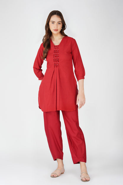 Maroon Handloom Kurta Set – Beaded Neckline with Afghani Pants