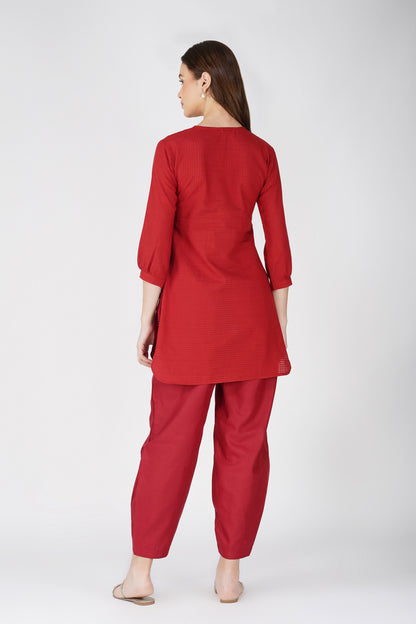 Maroon Handloom Kurta Set – Beaded Neckline with Afghani Pants